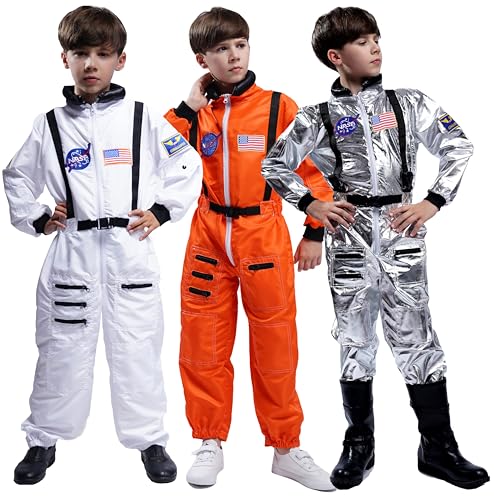 Maxim Party Supplies Kids Astronaut Costume Space Suit Onesie With Embroidered Patches And Pockets For Children Boys Toddlers (12/14 White)