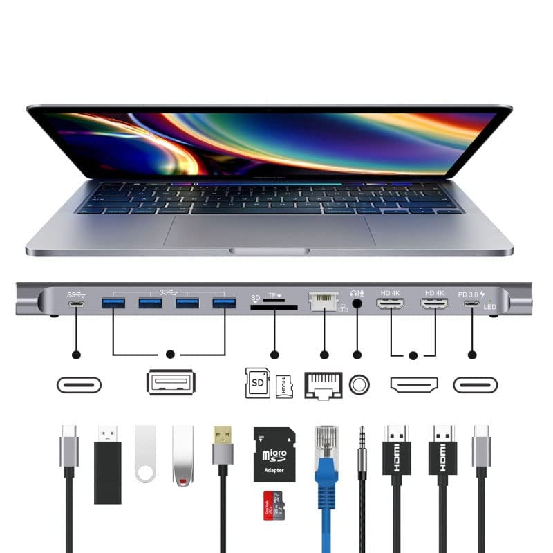 Image of Vaku Luxos USB Hub Type C Flare 12in1 multiport USB 3.0 High-Speed Adapter connector (5GBPS) data transfer Converter Extension, SD, TF, HDMI, PD, LAN with 60W PD Charging, docking station USB A Port Compatible with Macbook Air Pro (M1, M2 etc), iPad Pro Air, Laptop, and Other Type C Mobile & Devices