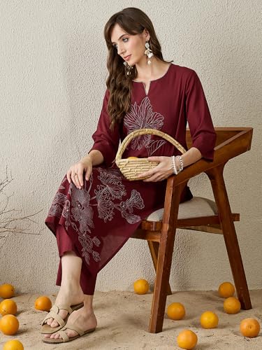 Image of INDO ERA Women's Pure Cotton Straight Embroidered Kurta with Pant | Women Kurta Set | Ethnic Wear for Women | Daily Office Casual Traditional Outfit,IESTR12241XXL | Cord Set For Women Cotton |