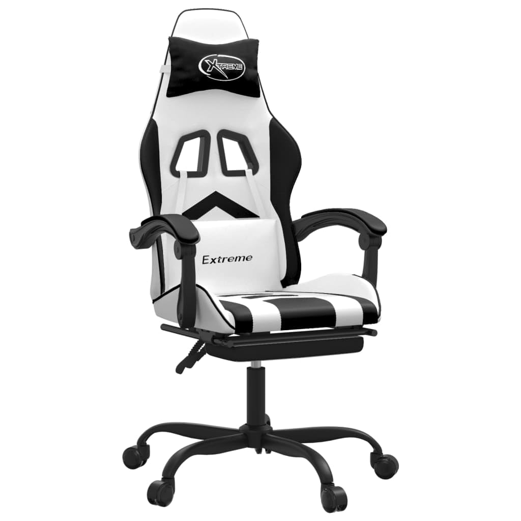 Gaming-Stuhl mit Fußstütze ergonomisch, Kunstleder Schreibtischstuhl höhenverstellbar mit Massagepunkt, Schwarz & Weiß