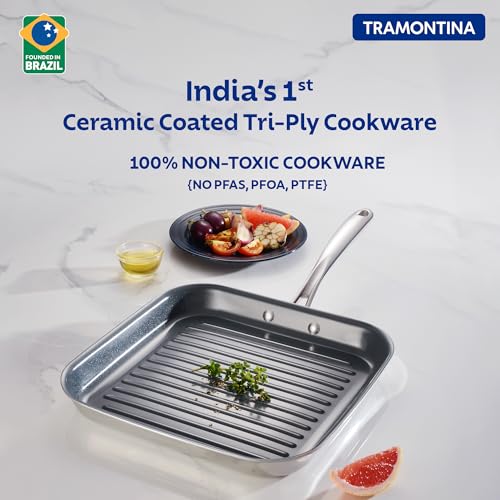 Image of Tramontina FUSAO EX+ 26cm Triply Stainless Steel Ceramic Coated Grill Pan | Pan for Grilling, Searing, Barbeque | Tandoori Pan /Grill | Gas /Induction Cookware | Stay Cool Handle | 10 Year Warranty*