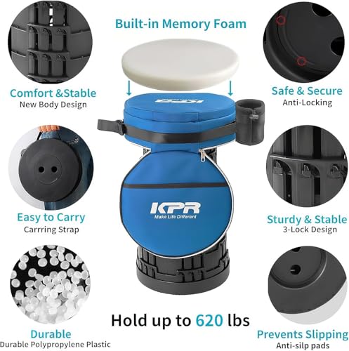 Image of KPR Upgraded Collapsible Stool & 3IN1 Cushioned Carry Bag, Portable Telescopic Camping Chair, Adjustable Height Folding Step Stool Retractable Seat or Footrest for Outdoors & Indoor, Max 620lbs