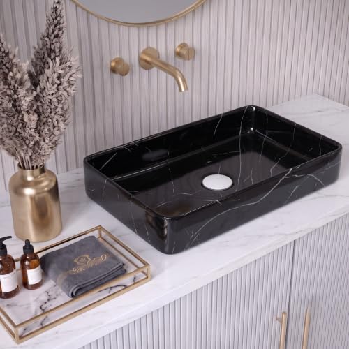 Image of Wash Basin Countertop | Tabletop Ceramic Bathroom Sink | Wash Basin Over Counter | (24 x 14 x 5 Inch) (Black White Stripe)