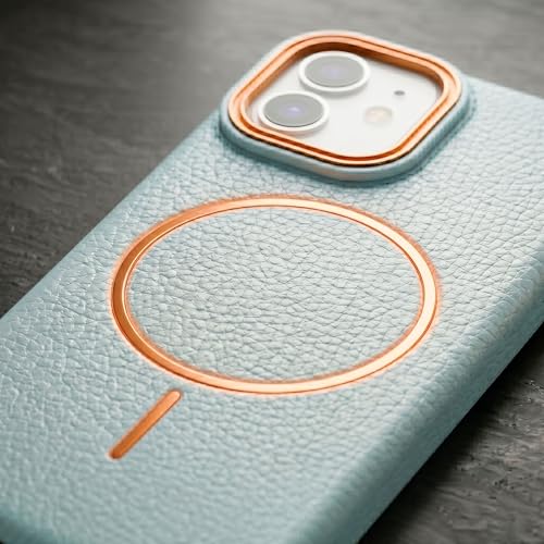 Image of amazon basics Luxury MagSafe Compatible Leather Texture Back Cover for iPhone 12 | Raised Camera Protection | Slim Fit Shockproof Case with Metallic Accents (Light Blue)