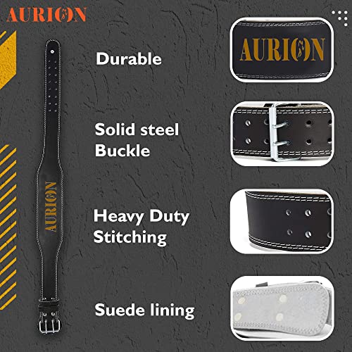 Image of Aurion by 10CLUB Weight Lifting Gym Belt-Medium | Leather Gym Belt for Workout with Padded Back Support | Dead Lift Belt - Black- Gold