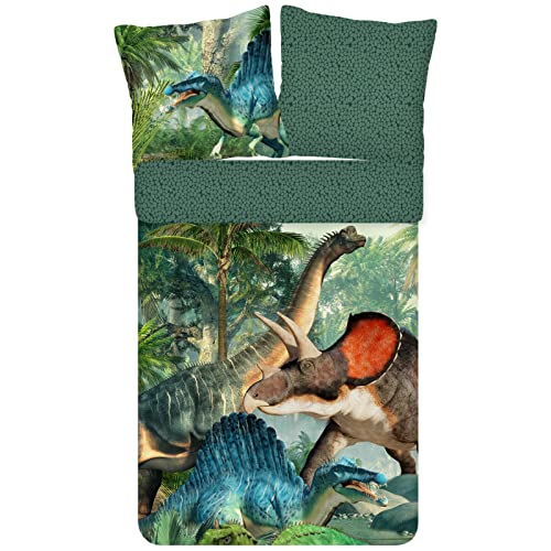ESPiCO Bettwäsche Trendy Bedding Jurassic Dino Saurier Spinosaurus Triceratops Schuppenmuster Grün Wald Renforcé, Größe:135 cm x 200 cm