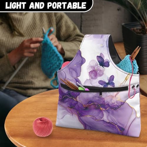 Image of KUIFORTI Butterfly Yarn Bag Purple Marble Knitting Crochet Tote Bag, Yarn Storage Bags Organizer, Crochet Accessories Stylish Crochet Bags for Crocheting Project, Large Size