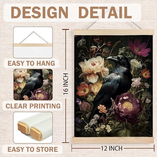 Image of PQKIY Dark Gothic Floral Raven Wall Art Poster Hanger Frame 12x16 in, Vintage Dark Cottagecore Moody Botanical Flower Crow Wall Decor Canvas Prints for Home Bedroom Living Room