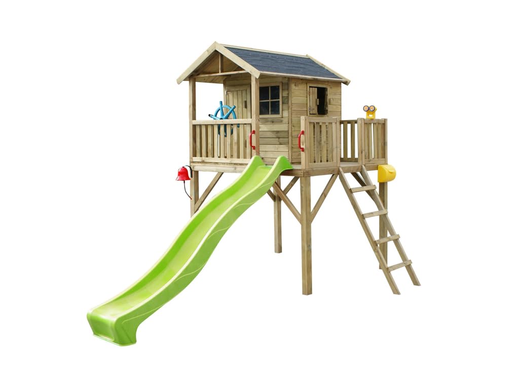 Prestige Garden Stelzenhaus Funny XXL Grün 285 x 188 x 303 cm, Kesseldruckimprägniertes Garten Spielhaus mit Rutsche, Veranda und Balkon, Fingerklemmschutz, Stabiles Holz Spielgerät für Kinder, 0 x...