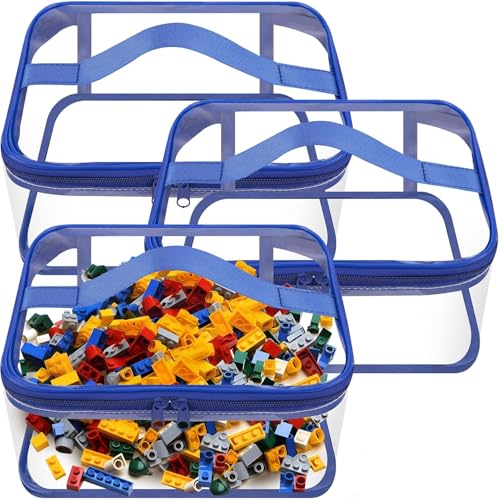 3 Pcs Toy Storage Bags-Clear PVC Organizing Bags with Double Zipper-Reusable Waterproof Toy Container with Handle-Travel Case Pouch for Building Blocks, Puzzle, Balls, Pretend Play Toys
