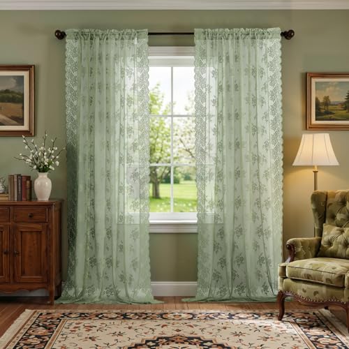 Kotile Sage Green Lace Curtains 84 Inches Long 2 Panels,