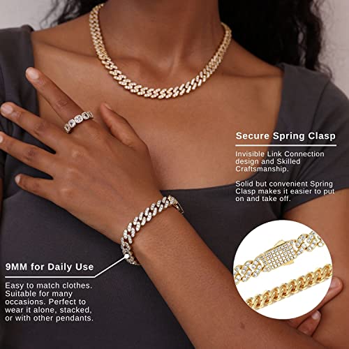Image of Iced Classic Spring Clasps 9mm Cuban Link Chain Necklace /Bracelet, Everlasting Shine 14k Gold /Silver Plated Diamond Choker, Prong-Setting 5A Cubic Zirconia Hip Hop Jewelry For Men Women with Gift Box