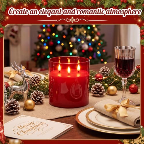 Image of Retisee 6'' x 6'' Extra Large Flameless Candles, 3 Wick Glass Large Fall Candles with Remote Control and Timer Function, Real Wax LED Pillar Flickering for Autumn Party Decor(Classic,Red,1 Pcs)