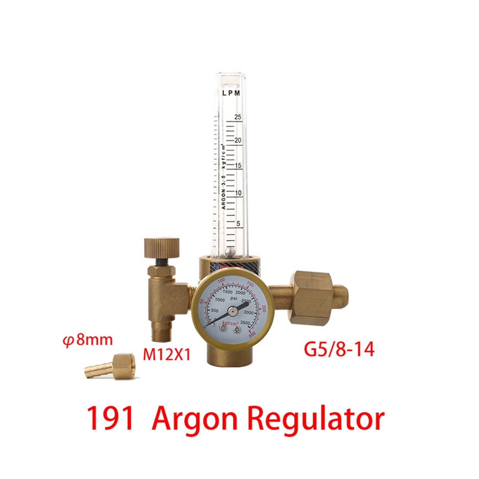 Wig-Argon-Regler, Durchflussmesser, Gasregler, G5/8 Zoll, 0–25 MPa, Durchflussmesser, Schweißschweißmesser, Argon-Regler, Druckminderer (Color : 191 (Copper), Size : Argon Regulator)