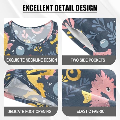 ALAZA Seahorse Leaves Navy Blue Pajamas Short Sleeve 2 Piece Sleepwear Top and Bottom Pajama Set Unisex4