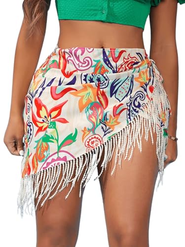 MakeMeChic Women's Floral Tie Side Wrap Tassel Mini Skirt Cover Up Beach Skirt