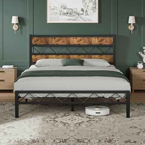 VECELO 4ft6 Double Bed Frame with Wooden Headboard, 135x190 cm Metal Platform, Heavy Duty Metal Slats Support, Mattress Base No Box Spring Needed, No Noise, Easy Assembly, Retro Brown