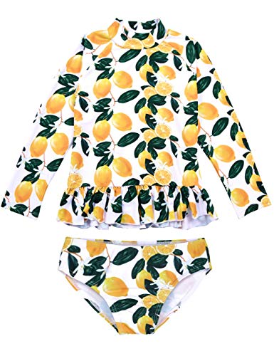 Hilor Girl's Two Piece Swimsuits Long Sleeves Rashguard UPF 50+ Tankini Set Bathing Suit Leaves&Lemon 8-9 Years