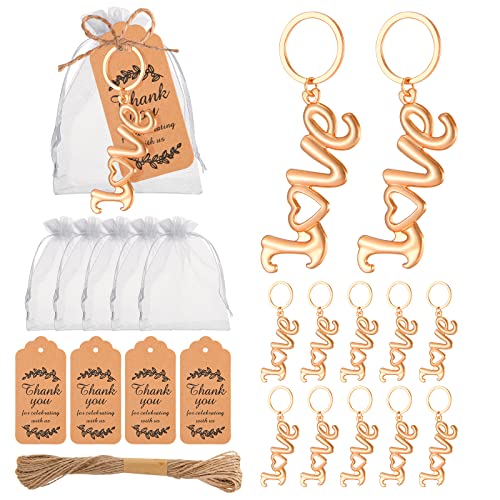 Winocbxt 50Pieces Love Bottle Openers with Keychain/Keyrings and Thank You Tags Great Gifts for Wedding or Bridal Shower Favors, Souvenirs to Guests (Gold)