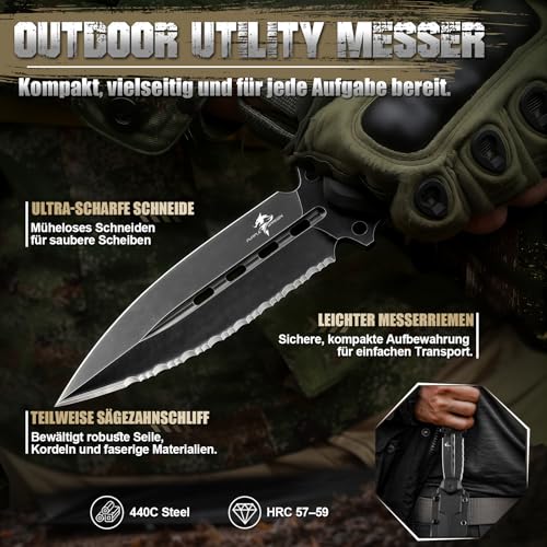 Purple Dragon Survival Messer mit Scheide - Jagdmesser Schwarz mit Feststehende Klinge - Outdoor Messer für Camping Jagd Wandern Abenteuer - Geschenk für Männer