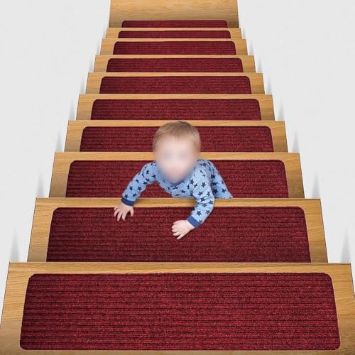 Alfombrillas para escaleras de poliéster TPE 16 uds color rojo oscuro 76x20 cm 2