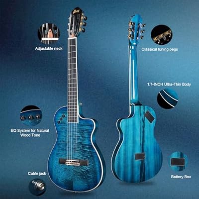WINZZ WCG170CE 39-Inch Thin Body Classical-Electric Guitar - Nylon Strings, Built-in Preamp, Perfect for Stage and Practice (Blue)