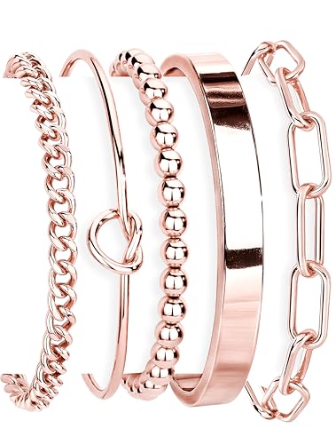 Gokeey Rose Gold Bracelets for Women Non Tarnish Waterproof Rose Gold Bracelets Stack Dainty Cuff Paperclip Bead Cuban Layered Chain for Jewelry Gifts