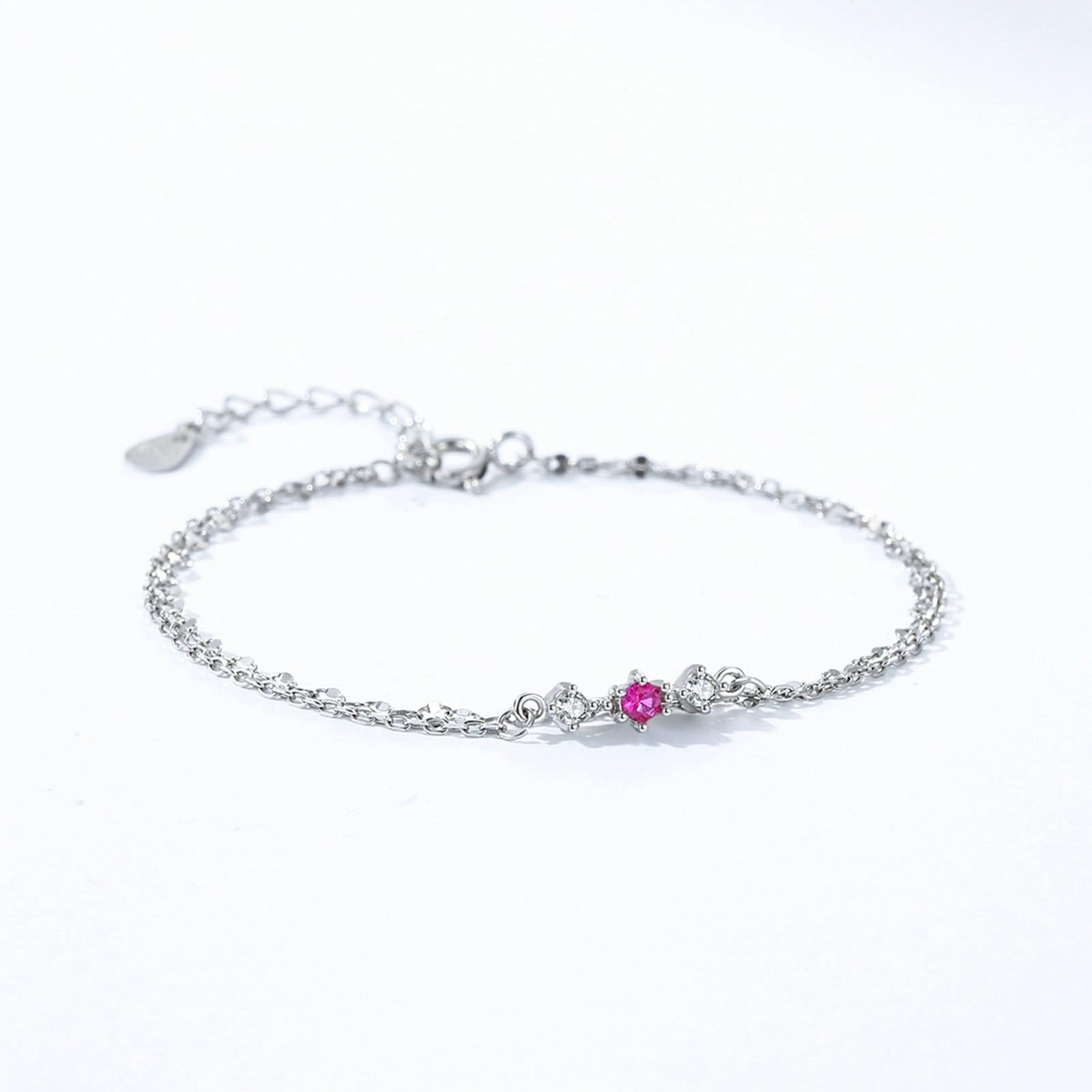 KnSam Pulsera de oro auténtico de 9 K/14 K/18 K para mujer, pulsera de eslabones de doble capa con turmalina rosa rojo, laboratorio creado en laboratorio, brazalete de diamante blanco y oro Au 375/585