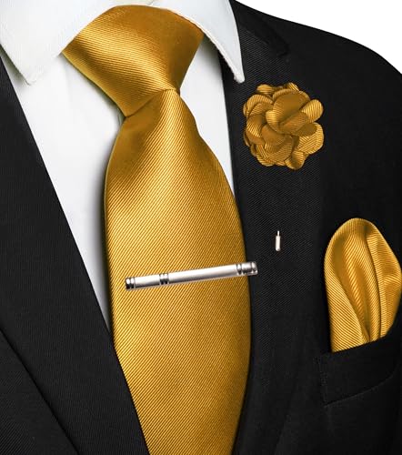 Image of JEMYGINS Formal Necktie Solid Color Tie and Pocket Square with Tie Clip Lapel Pin Sets for Men 4PCS