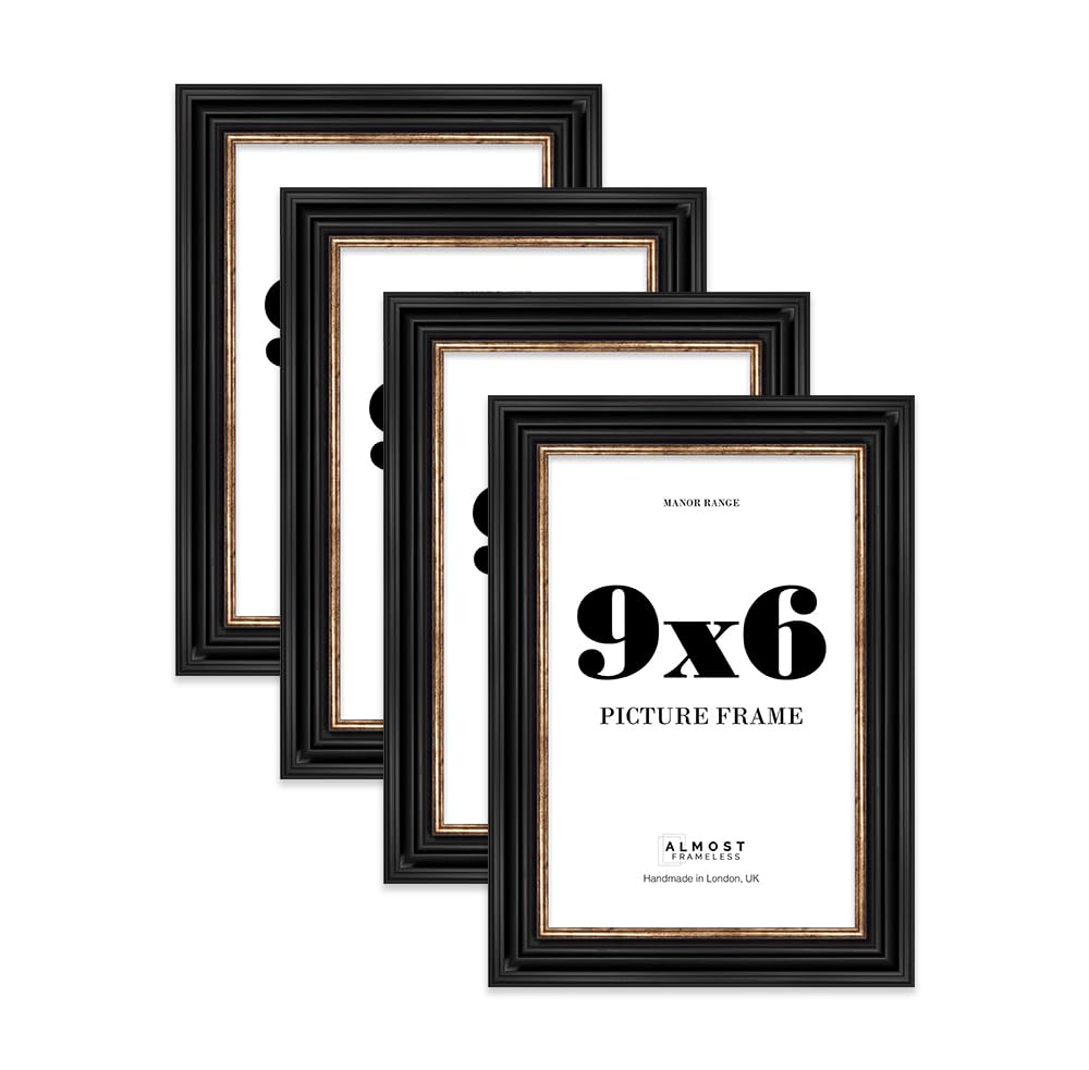 9x6 Picture Frame, Display 9x6 Pictures (15.2 x 22.9cm) - Black & Gold Timeless 42mm Edge Frame for Home Décor - 4 Pack