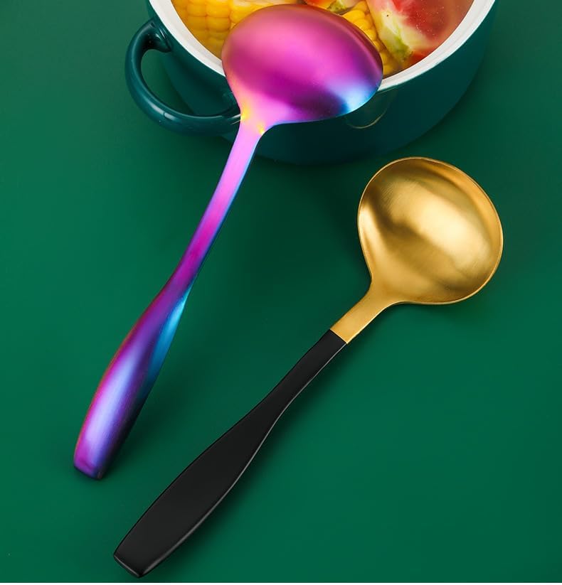 Silverware Flatware Set, 1/4/6/8/10/12 Pieces Stainless Steel Thickened Hollow Handle Soup Shell Household Soup Spoon Hot Pot Soup Spoon(Gold,6 Pieces)