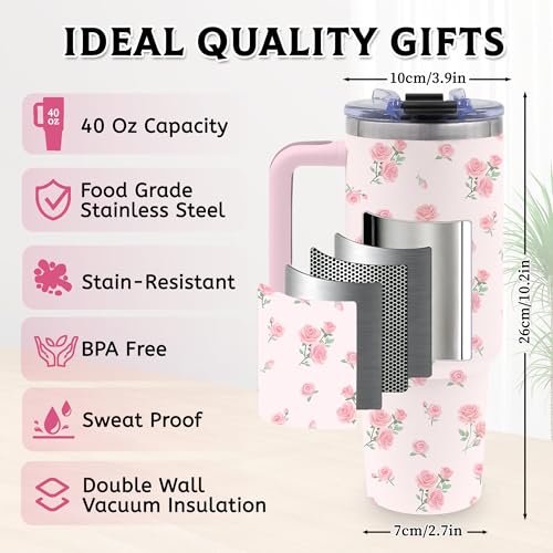 TNASURHUS 40 Oz Rose Tumbler Gifts for Women, Pink Rose Flower Water Bottle with Handle and Straw, Stainless Steel Coffee Travel Mug Cup, Christmas Birthday Gifts for Her, Daughter, Friends by TNASURHUS - Image 4