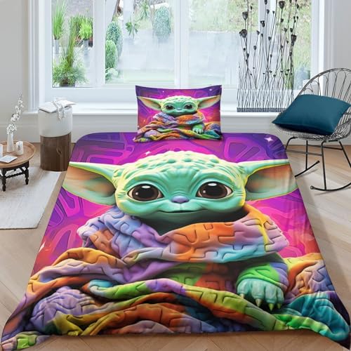 HITBOD Baby Yoda 3D Luxury Duvet Cover Soft Microfiber 2 Pieces Bedroom Bedding Set with Zipper Closure,Pillowcases,for Teens And Adults Single（135x200cm）