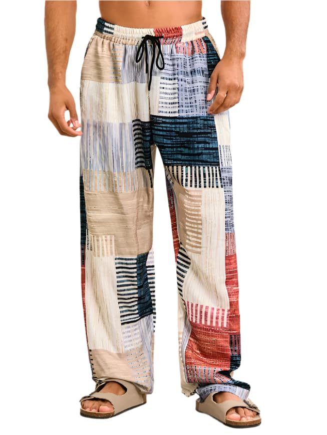 Men's Multicolor Patchwork Drawstring Waist Straight Leg Pants – Loose Fit Woven Trousers, Pockets, Boho-Inspired Design