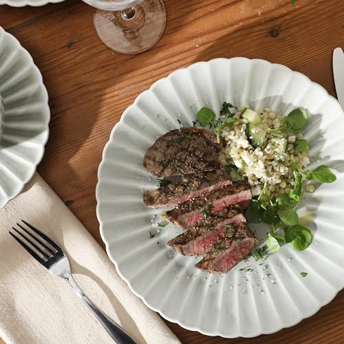Image of Gibson Elite Peach Orchard 12-Piece New Bone China Dinnerware Set Service for 4, Embossed Fluted Plates and Bowls, Dishwasher and Microwave Safe, Sage Green
