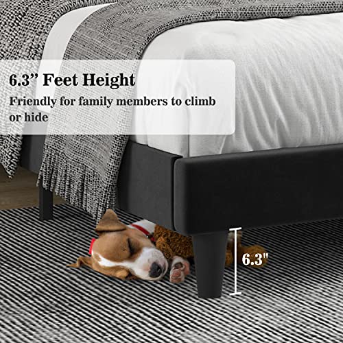Image of Allewie King Bed Frame /Velvet Upholstered Bed Frame with Vertical Channel Tufted Headboard /Strong Wooden Slats /Platform Bed Frame /Mattress Foundation /Box Spring Optional /Easy Assembly /Black