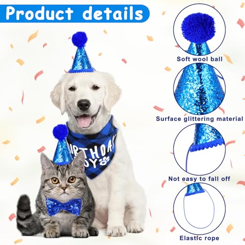 JJUNW 4 Stück Hund Geburtstag Bandana Set, Hund Geburtstag Party Set, Hunde Bandana Mütze mit 8 Bling Nummern und Fliege Hunde Zubehör Set für Welpenkatzenhaustie(blau)