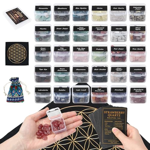 Healing Crystals Set with 30 Crystal Gravel Stones, Flower of Life Ritual Mat...
