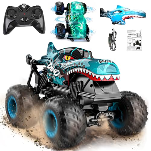Image of BEZGAR Monster Truck Toys - Remote Control Monster Trucks with Light & Music, Dinosaur Toys for Kids, 1:20 Scale RC Truck with 360 Spins and Drifting, Remote Control Car for Boys with Two Car Shells