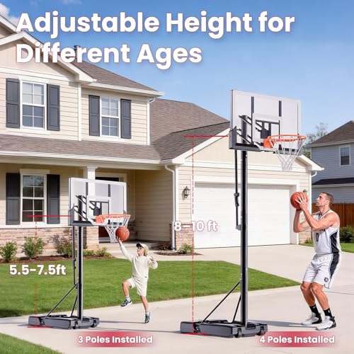 Image of Feelwin Basketball Hoop for Kids Youth Adults, Portable Adjustable Height Basketball Goal with Wheels for Outdoor Use,Backyard & Driveway