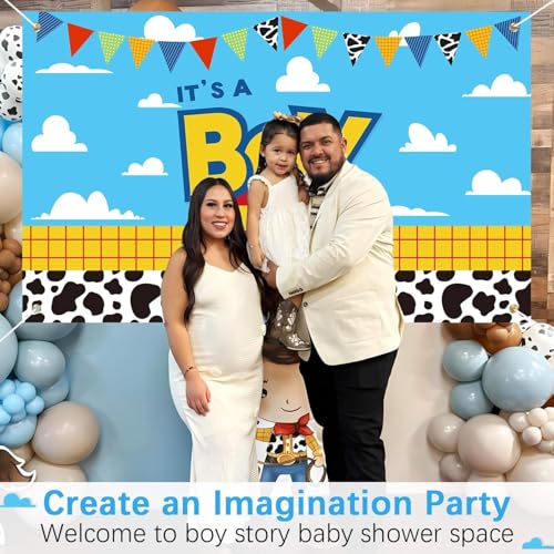 Image of Boy Story Baby Shower Decorations Backdrop Banner,It's A Boy Stroy Large Size 3 x 5Ft Toy Cloud Backdrop Banner Decor