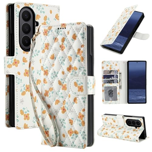 Étui en cuir Galaxy Z Fold 6 avec motif floral et fermeture magnétique de protection