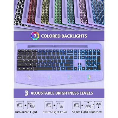 Wireless Keyboard and Mouse Backlits, Wrist Rest, LED Mouse, Rechargeable Ergonomic Keyboard with Phone Holder, Silent Light Up Combo for Computer, Mac, PC, Laptop, Chromebook (Purple)