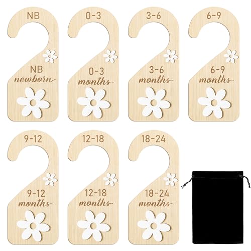 Image of R HORSE Wooden Baby Closet Dividers - 8Pcs Double-Sided 3D Daisy Nursery Closet Organizer Baby Clothes Size Hanger Dividers Newborn Nursery Decor Birthday Gift for Boy Girl (0-24 Months)