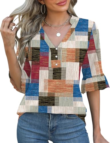 Peasant Blouses for Women Boho Tops V Neck Blouse Summer Ruffle Elbow Length Sleeve Tops Multicolor Checkered Print S