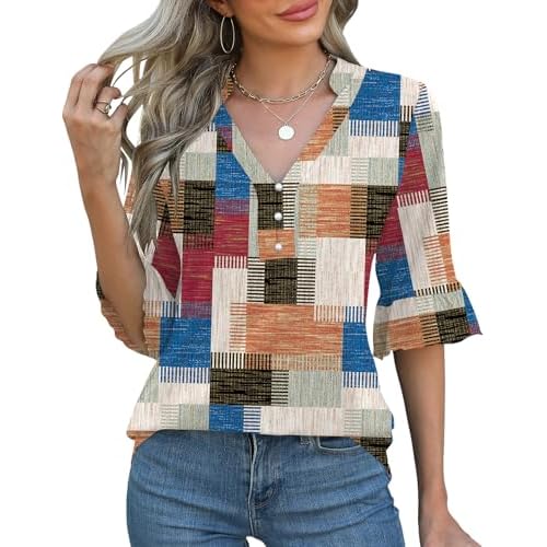 Rapbin Womens 3/4 Length Sleeve Blouses Ruffle Cuffs V Neck Button Down Shirts Dressy Flowy Tunic Tops