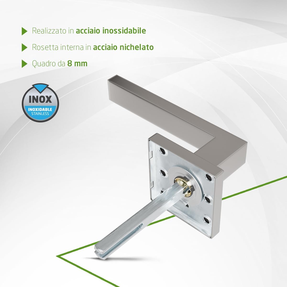 Amig - Door Handle Set | Silver Colour | Elegant and Simple Design | Easy to Install, Screws Included | Stainless Steel | Square Rosette 54 x 54 mm