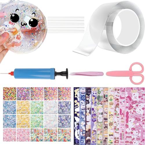 40 Pcs Nano Bubble Tape Kit with Balloon Inflator, Double Sided Tape Plastic Bubbles Balloon, Elastic Nano Bubble Tape DIY Craft Kit for Girls, Boys, Kids Party Favors and Novelty Toys