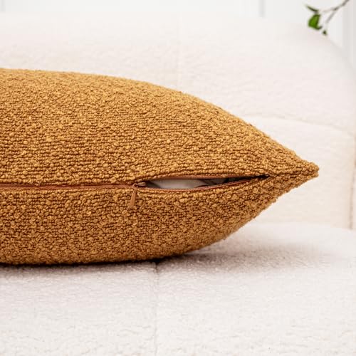 Vfuty 18x18 Textured Throw Pillow Covers Set of 2 Boucle Accent Pillow Cases with Faux Leather Striped Square Cushion Cover for Bed Couch Sofa Living Room Home Decor,Orange Brown — view 5