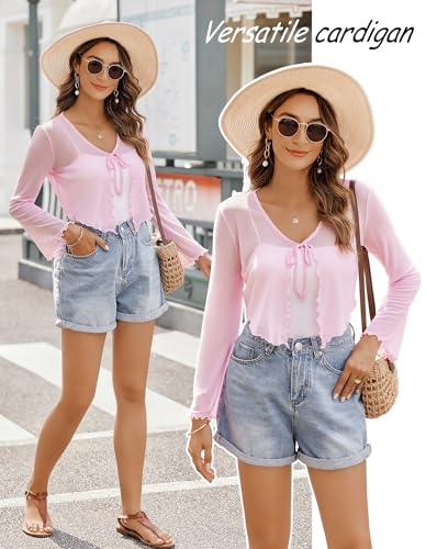 Image of Avidlove Womens Sheer Shrug Tie Front Long Bell Sleeve Mesh Bolero Lightweight Summer Casual Short Shawl Top